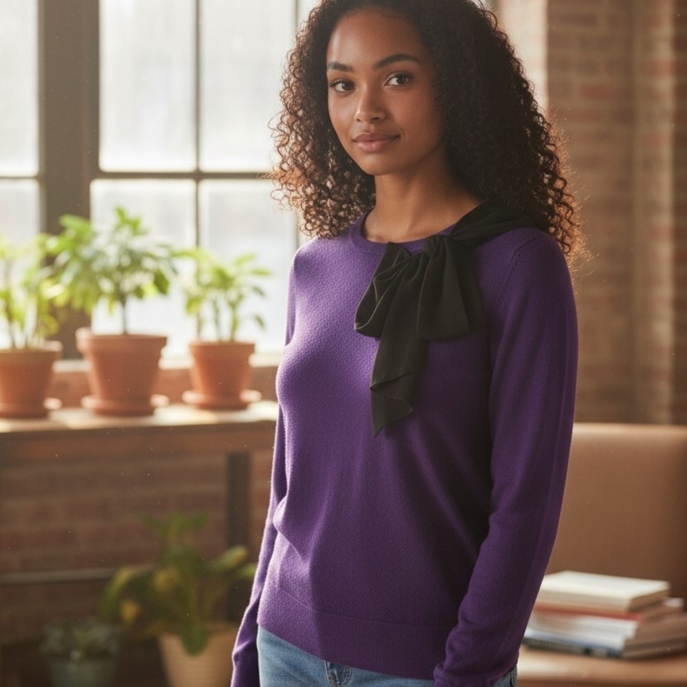 LOFT Purple Crew Neck Sweater with Black Bow
